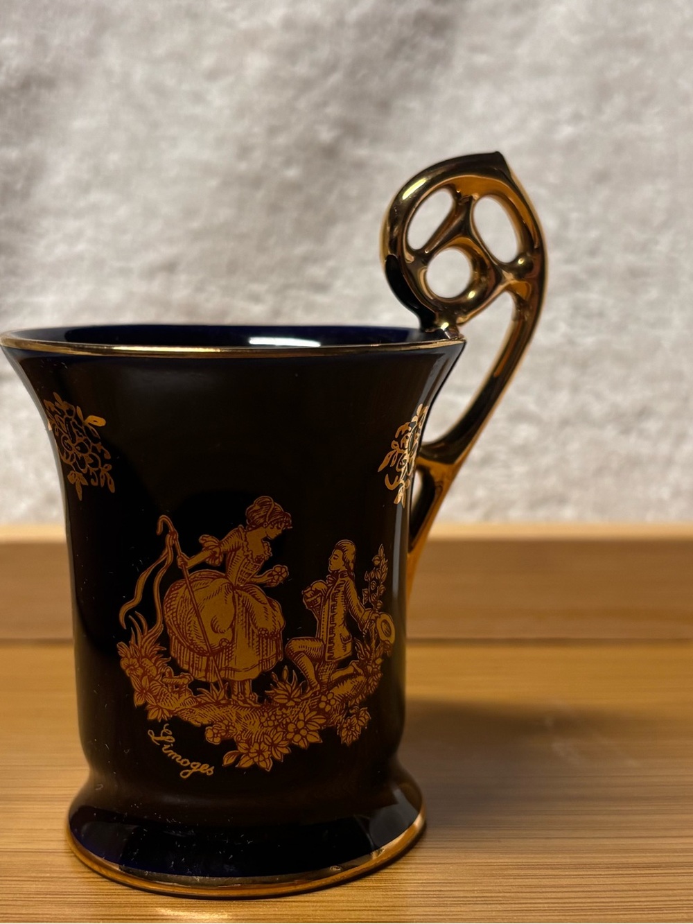 Vintage Limoges Castel Miniature Cobalt Blue Cup - 22K Gold Courting Couple.